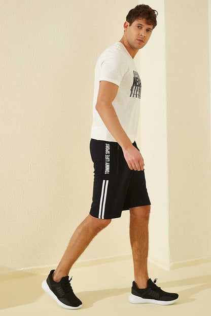 Navy Blue Side Striped Print Standard Fit Men's Shorts - 81145