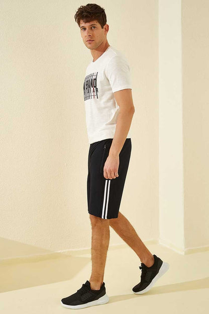 Navy Blue Side Striped Print Standard Fit Men's Shorts - 81145