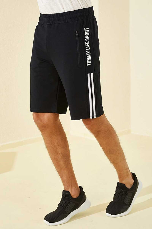 Navy Blue Side Striped Print Standard Fit Men's Shorts - 81145