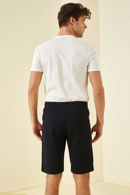 Navy Blue Side Striped Print Standard Fit Men's Shorts - 81145