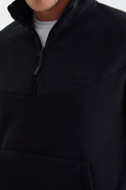 Navy Blue Half Zip Stand-up Collar Elastic Cuffed Polar Men's Tracksuit Set - 85159