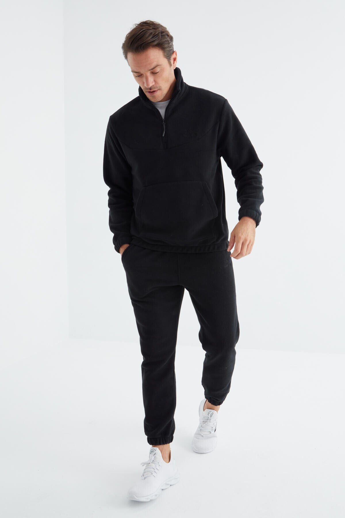 Navy Blue Half Zip Stand-up Collar Elastic Cuffed Polar Men's Tracksuit Set - 85159