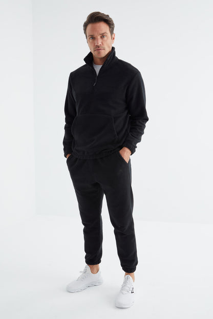 Navy Blue Half Zip Stand-up Collar Elastic Cuffed Polar Men's Tracksuit Set - 85159