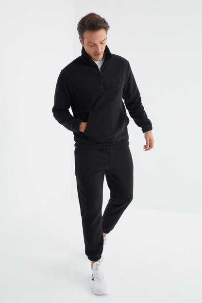 Navy Blue Half Zip Stand-up Collar Elastic Cuffed Polar Men's Tracksuit Set - 85159