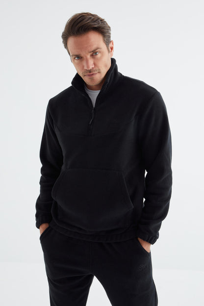 Navy Blue Half Zip Stand-up Collar Elastic Cuffed Polar Men's Tracksuit Set - 85159