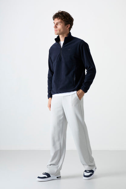 Navy Blue Half-Zip Sweatshirt Slim Fit Stand Collar Men's Fleece - 87891