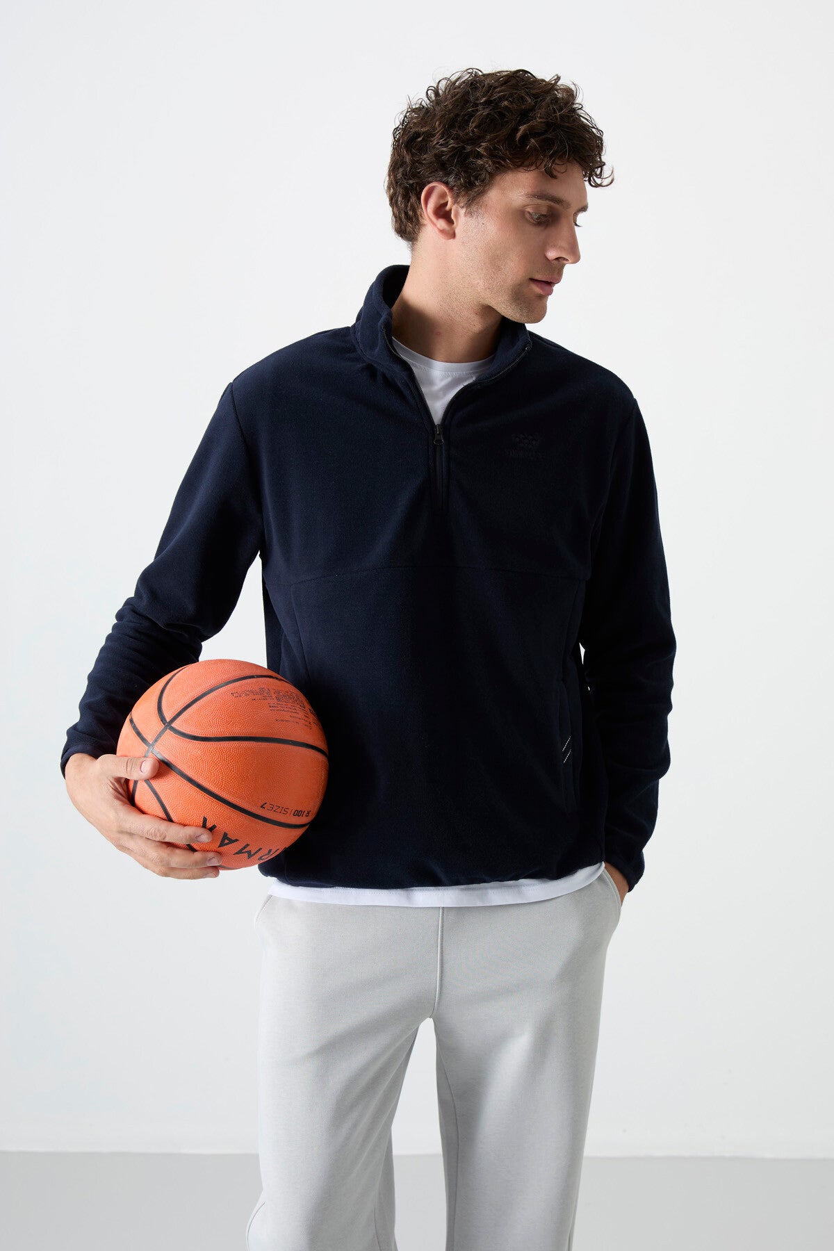 Navy Blue Half-Zip Sweatshirt Slim Fit Stand Collar Men's Fleece - 87891