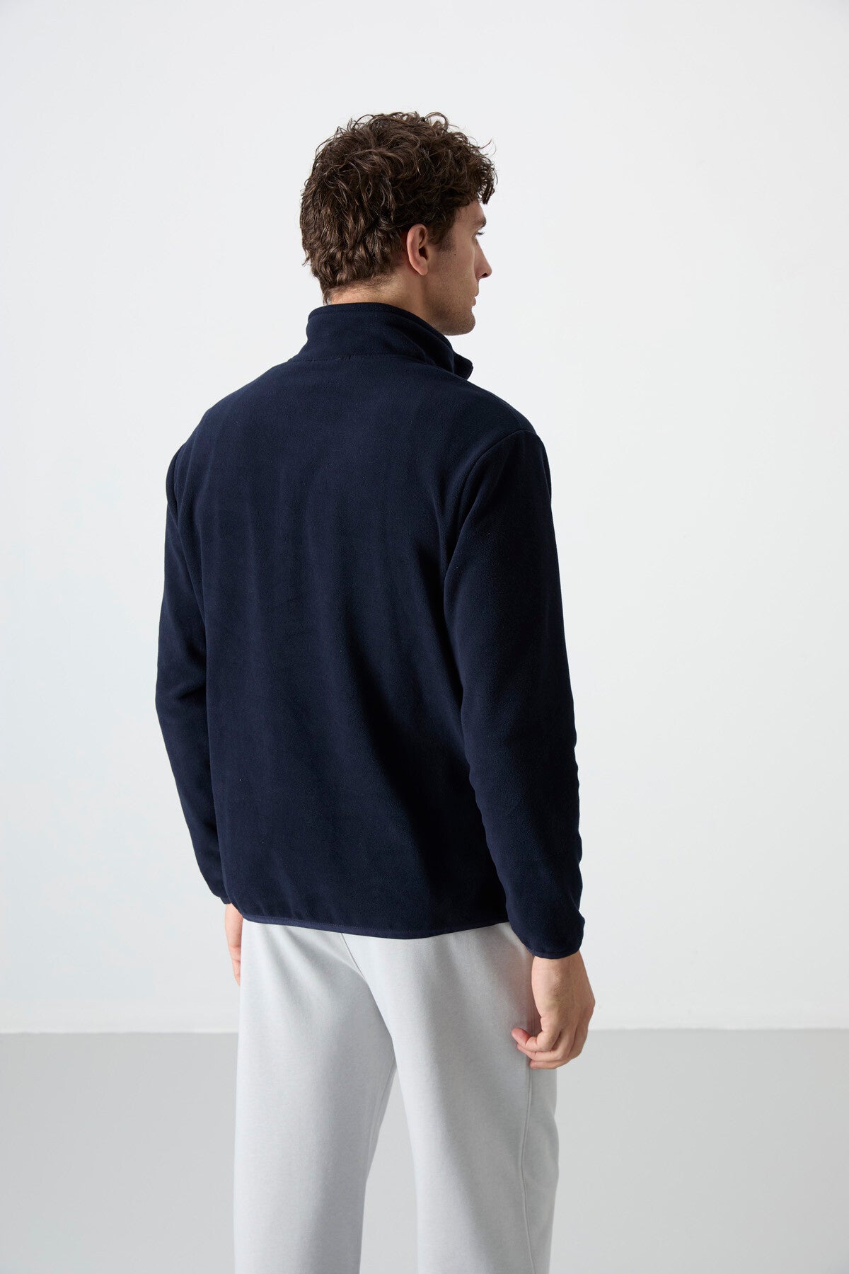 Navy Blue Half-Zip Sweatshirt Slim Fit Stand Collar Men's Fleece - 87891
