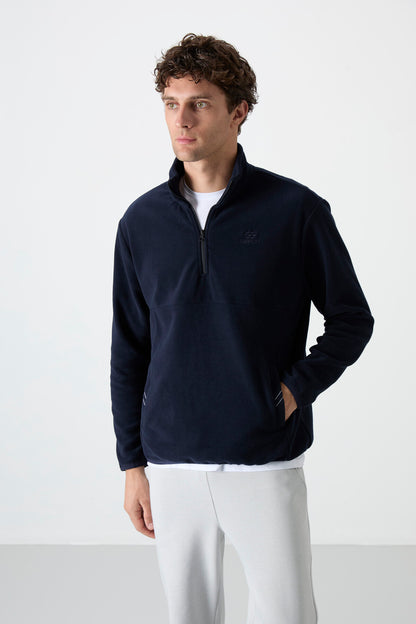 Navy Blue Half-Zip Sweatshirt Slim Fit Stand Collar Men's Fleece - 87891