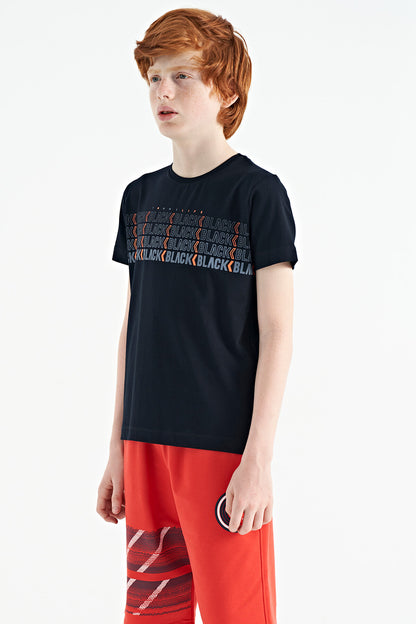 Navy Blue Printed O Collar Standard Fit Boys' T-Shirt - 11149
