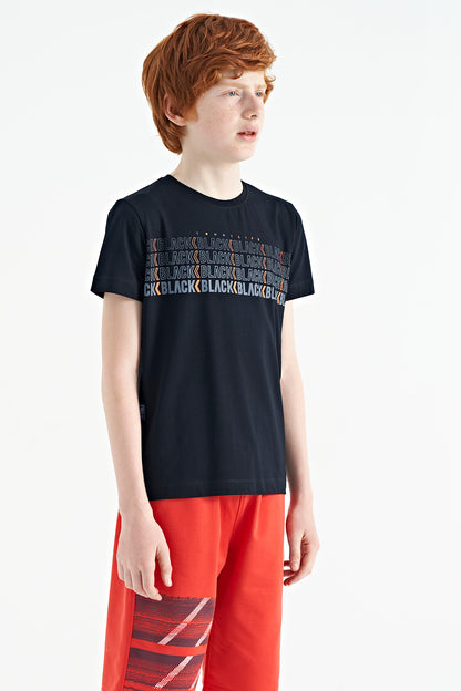 Navy Blue Printed O Collar Standard Fit Boys' T-Shirt - 11149