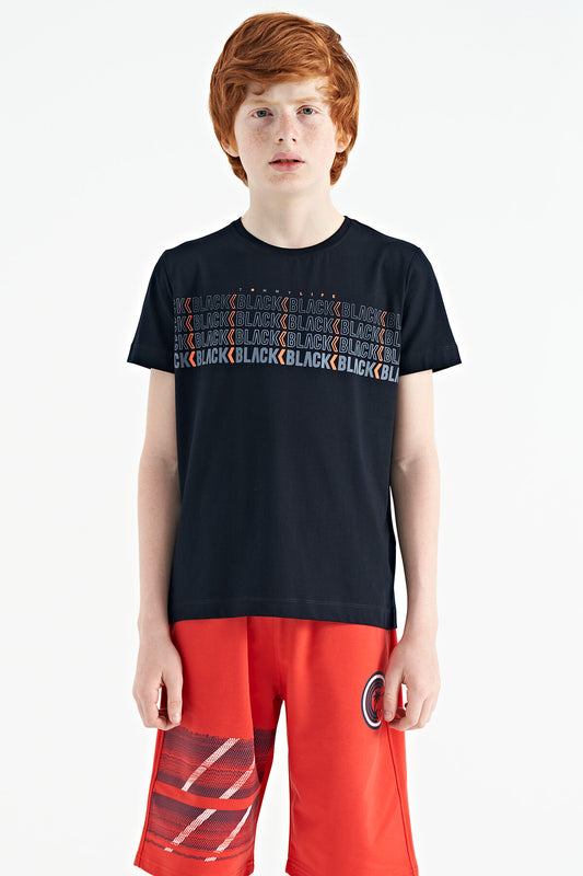 Navy Blue Printed O Collar Standard Fit Boys' T-Shirt - 11149