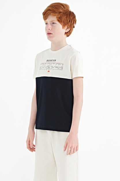 Navy Blue Printed Color Block Standard Fit O Collar Boys T-Shirt - 11134