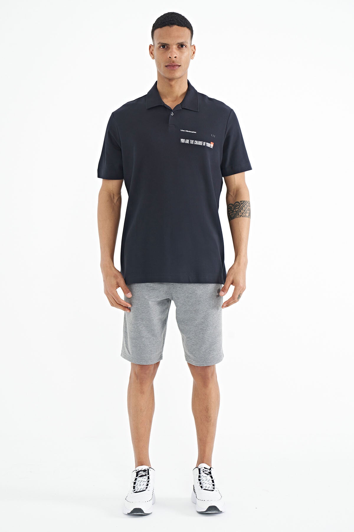 Navy Blue Printed Standard Fit Polo Collar Men's T-shirt - 88236