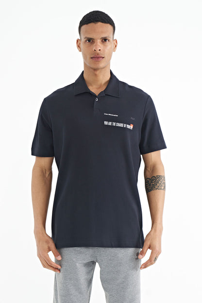 Navy Blue Printed Standard Fit Polo Collar Men's T-shirt - 88236
