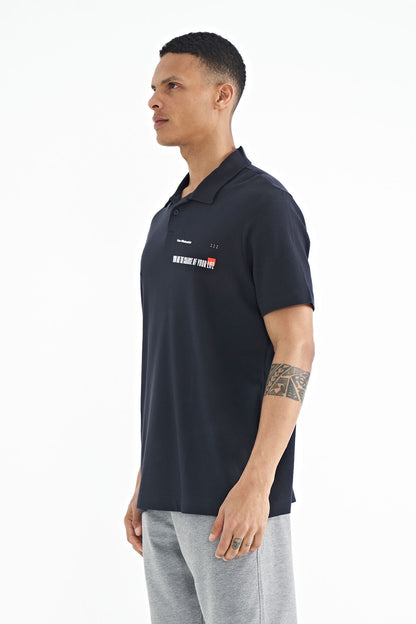 Navy Blue Printed Standard Fit Polo Collar Men's T-shirt - 88236