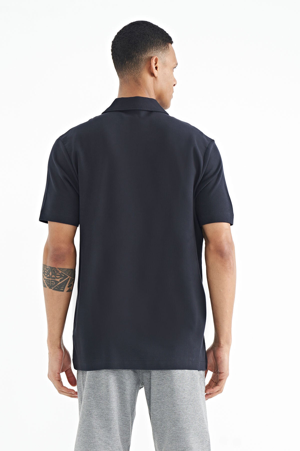 Navy Blue Printed Standard Fit Polo Collar Men's T-shirt - 88236