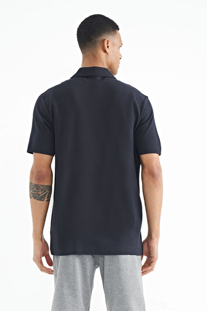 Navy Blue Printed Standard Fit Polo Collar Men's T-shirt - 88236