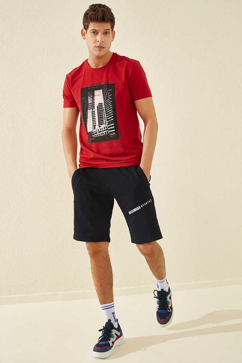 Navy Blue Printed Standard Fit Men's Shorts - 81155
