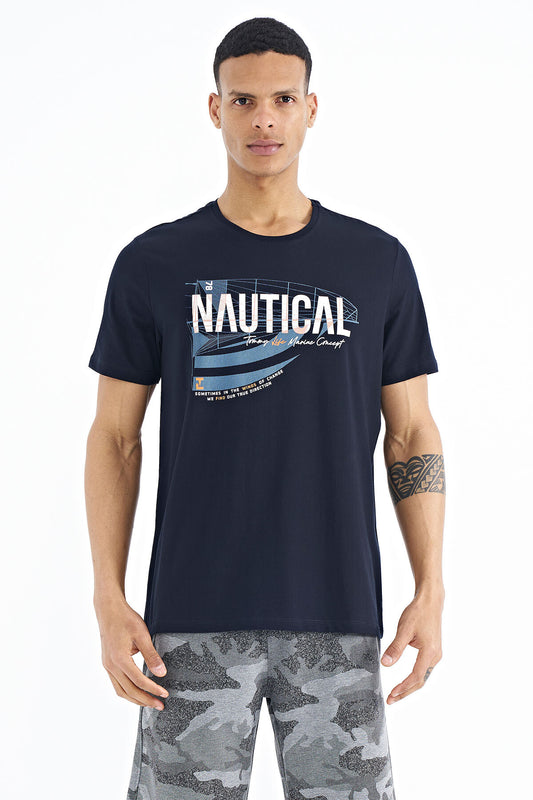 Navy Blue Printed Standard Fit O Neck Men's T-Shirt - 88171