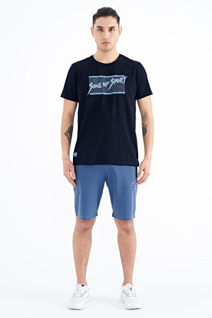 Navy Blue Printed Lettering Pattern Standard Fit O Collar Men's T-Shirt - 88172