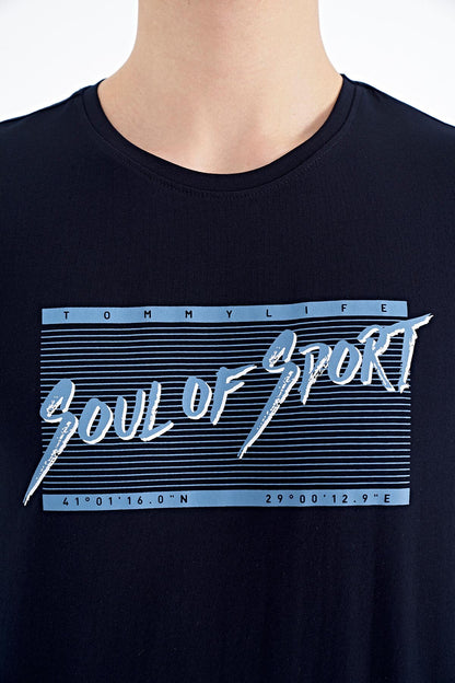 Navy Blue Printed Lettering Pattern Standard Fit O Collar Men's T-Shirt - 88172
