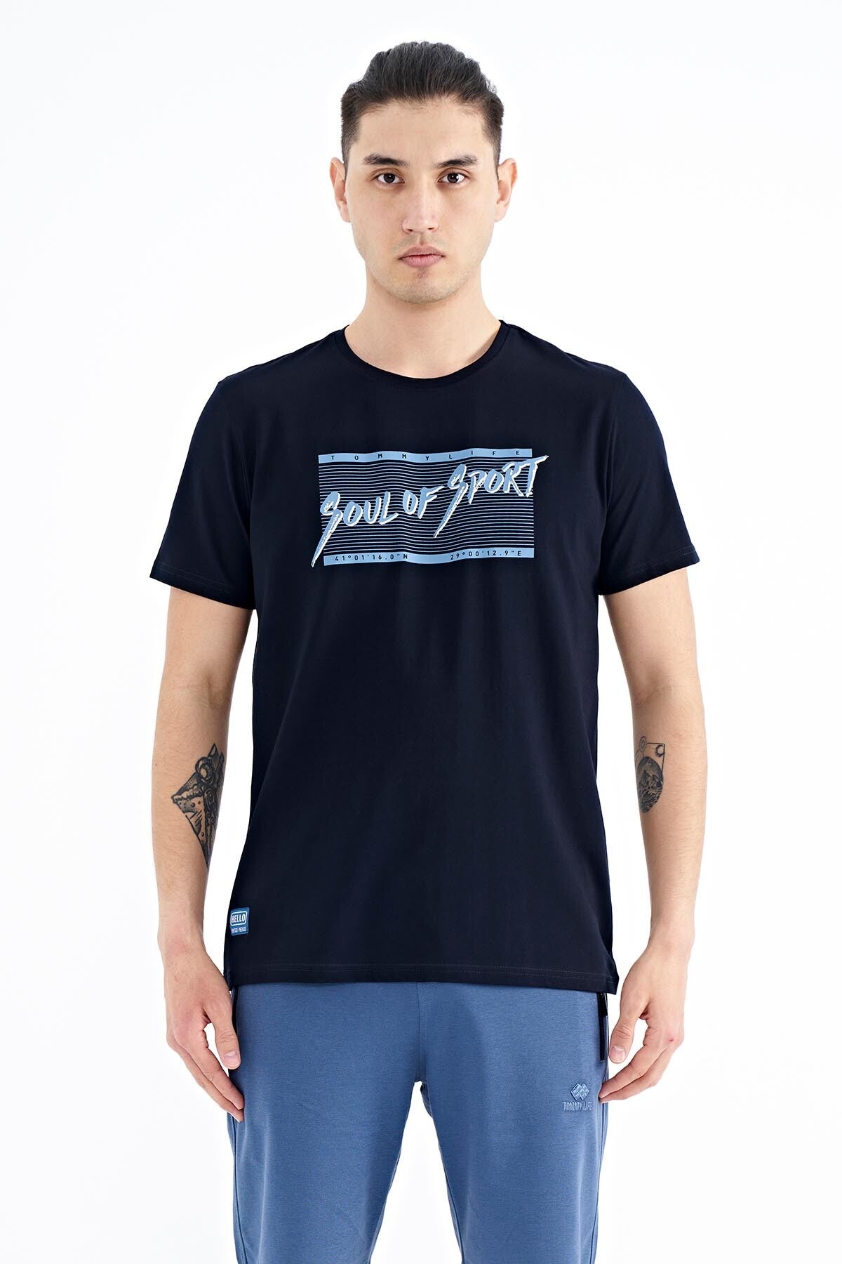 Navy Blue Printed Lettering Pattern Standard Fit O Collar Men's T-Shirt - 88172