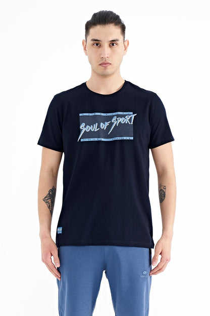 Navy Blue Printed Lettering Pattern Standard Fit O Collar Men's T-Shirt - 88172