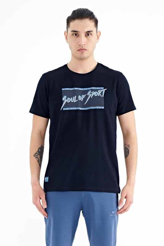 Navy Blue Printed Lettering Pattern Standard Fit O Collar Men's T-Shirt - 88172