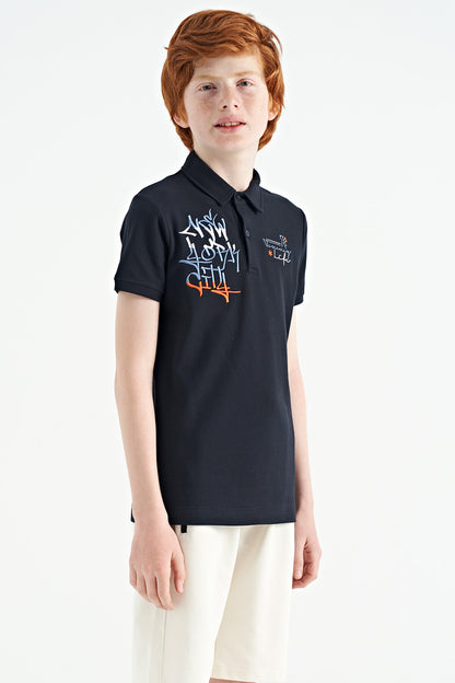 Navy Blue Embroidered Detailed Standard Cut Polo Collar Boys' T-Shirt - 11085