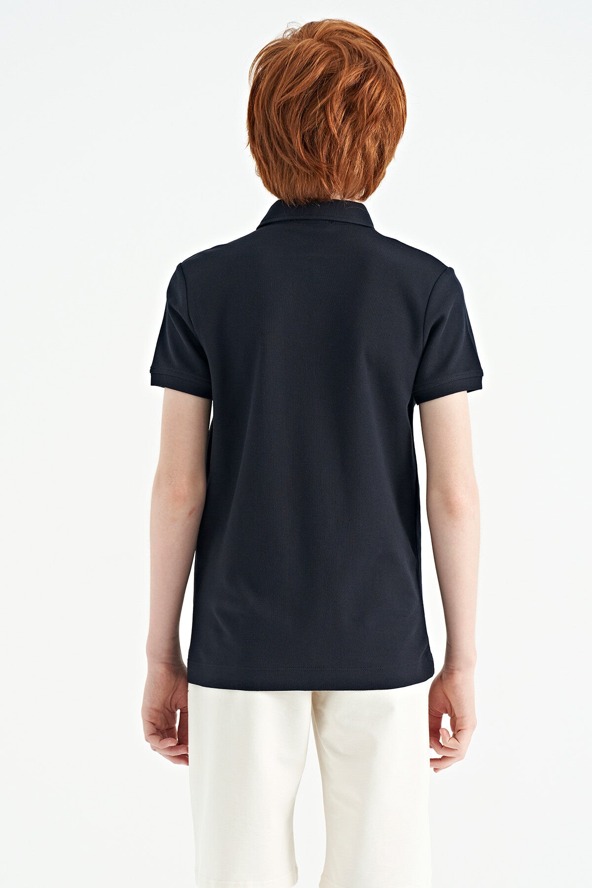 Navy Blue Embroidered Detailed Standard Cut Polo Collar Boys' T-Shirt - 11085