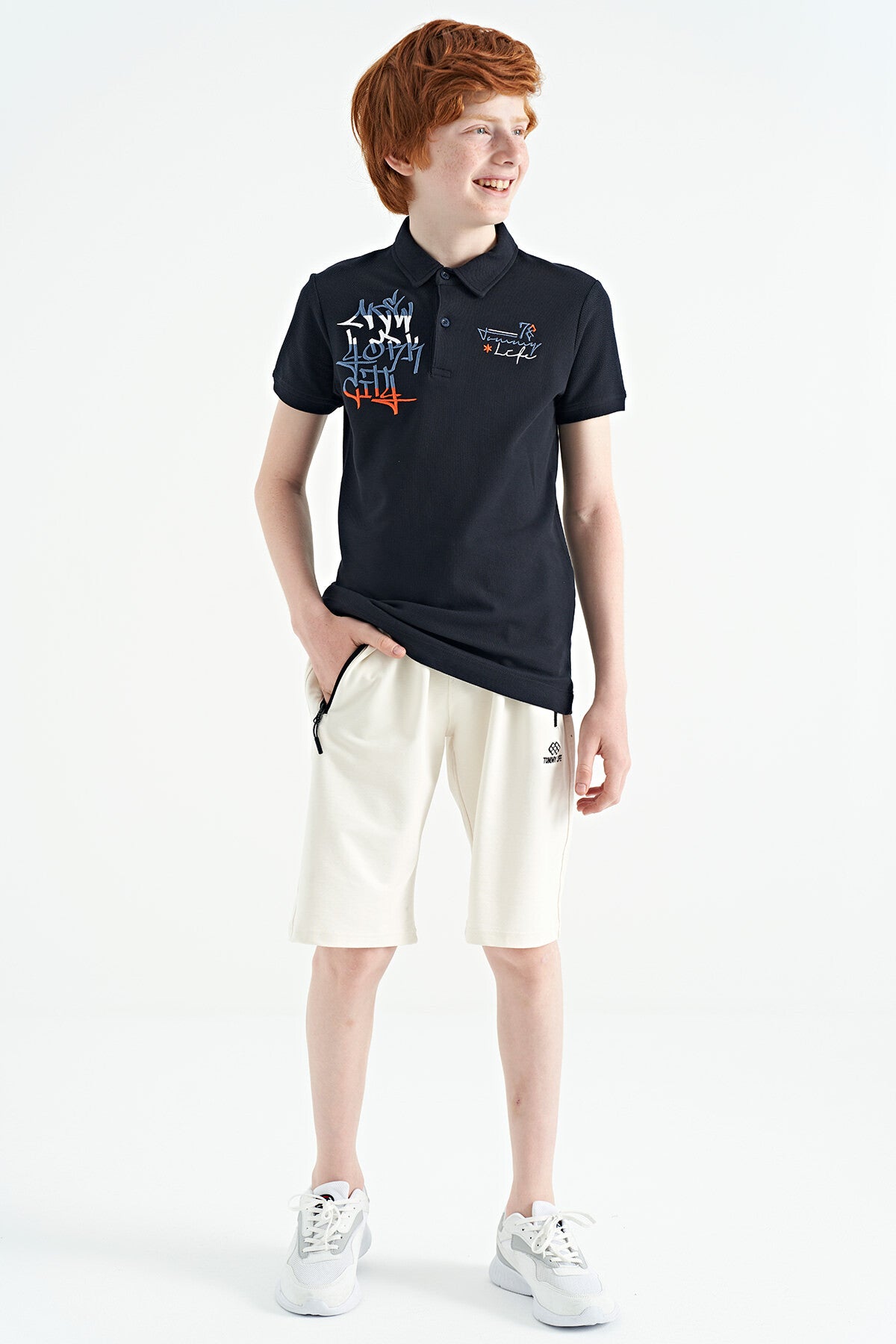 Navy Blue Embroidered Detailed Standard Cut Polo Collar Boys' T-Shirt - 11085