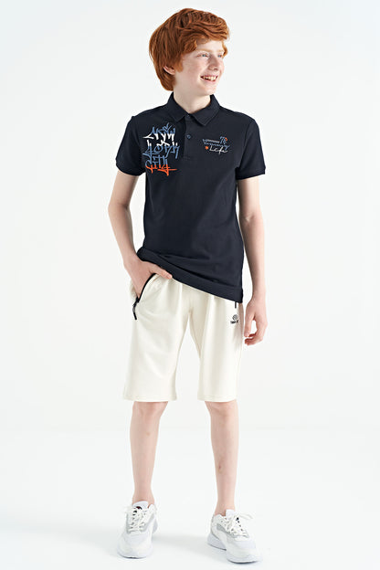 Navy Blue Embroidered Detailed Standard Cut Polo Collar Boys' T-Shirt - 11085