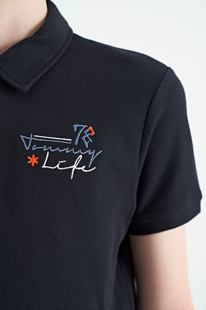 Navy Blue Embroidered Detailed Standard Cut Polo Collar Boys' T-Shirt - 11085