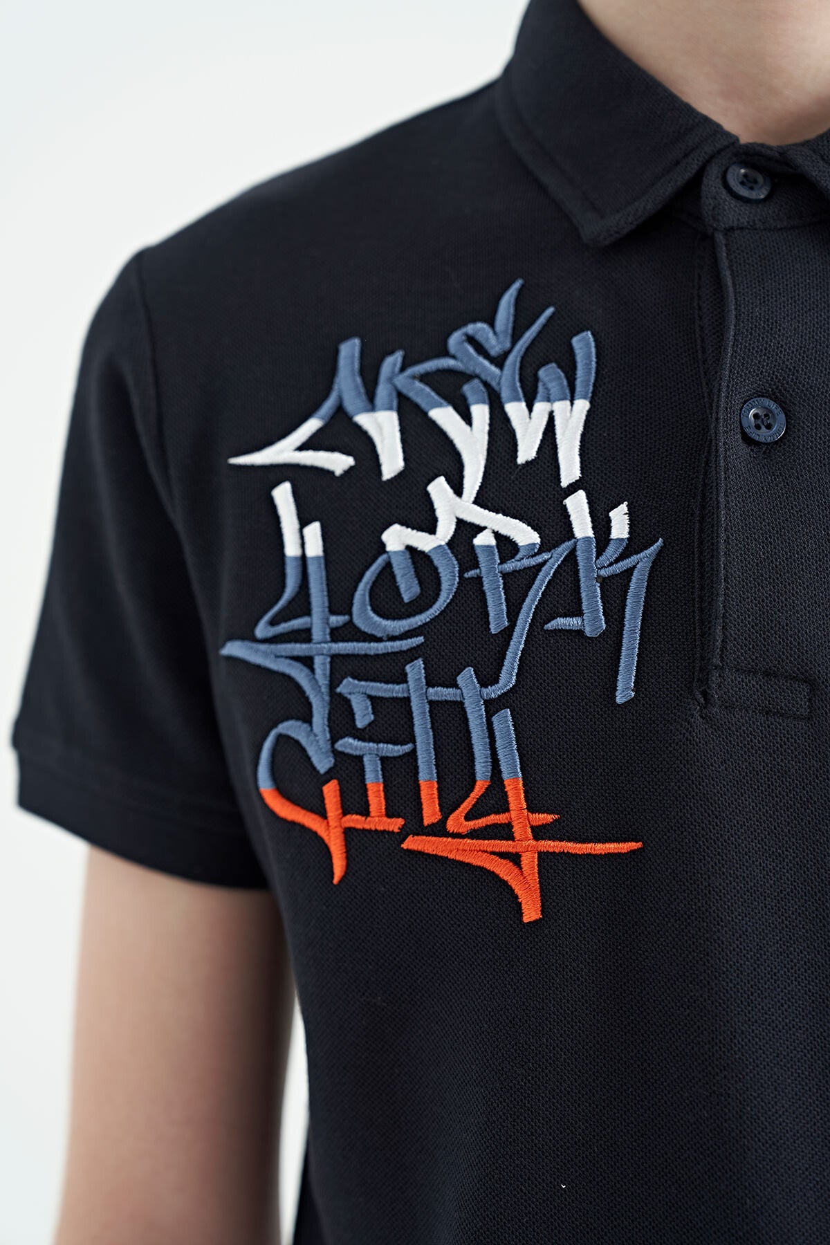 Navy Blue Embroidered Detailed Standard Cut Polo Collar Boys' T-Shirt - 11085