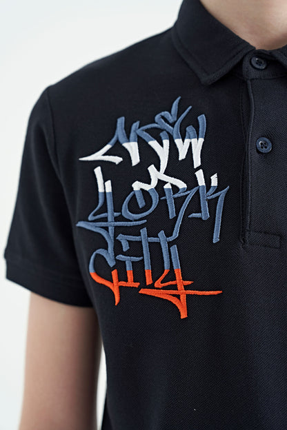 Navy Blue Embroidered Detailed Standard Cut Polo Collar Boys' T-Shirt - 11085