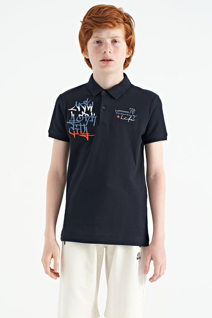 Navy Blue Embroidered Detailed Standard Cut Polo Collar Boys' T-Shirt - 11085