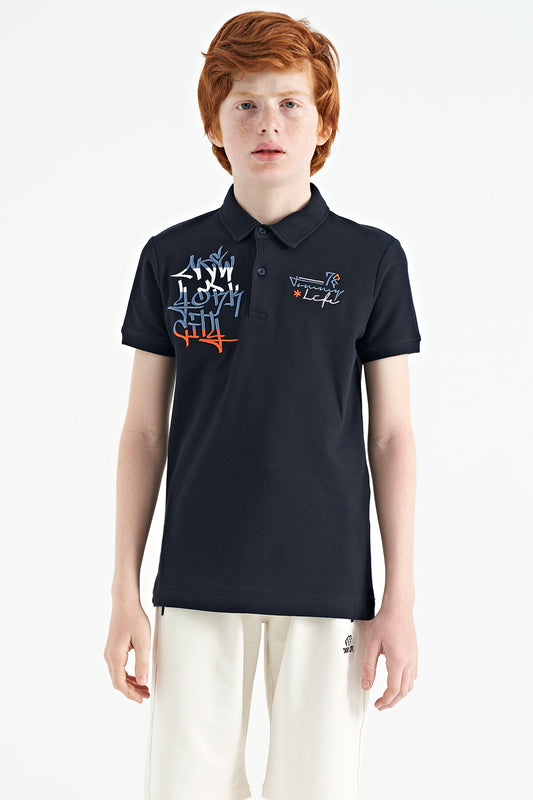Navy Blue Embroidered Detailed Standard Cut Polo Collar Boys' T-Shirt - 11085
