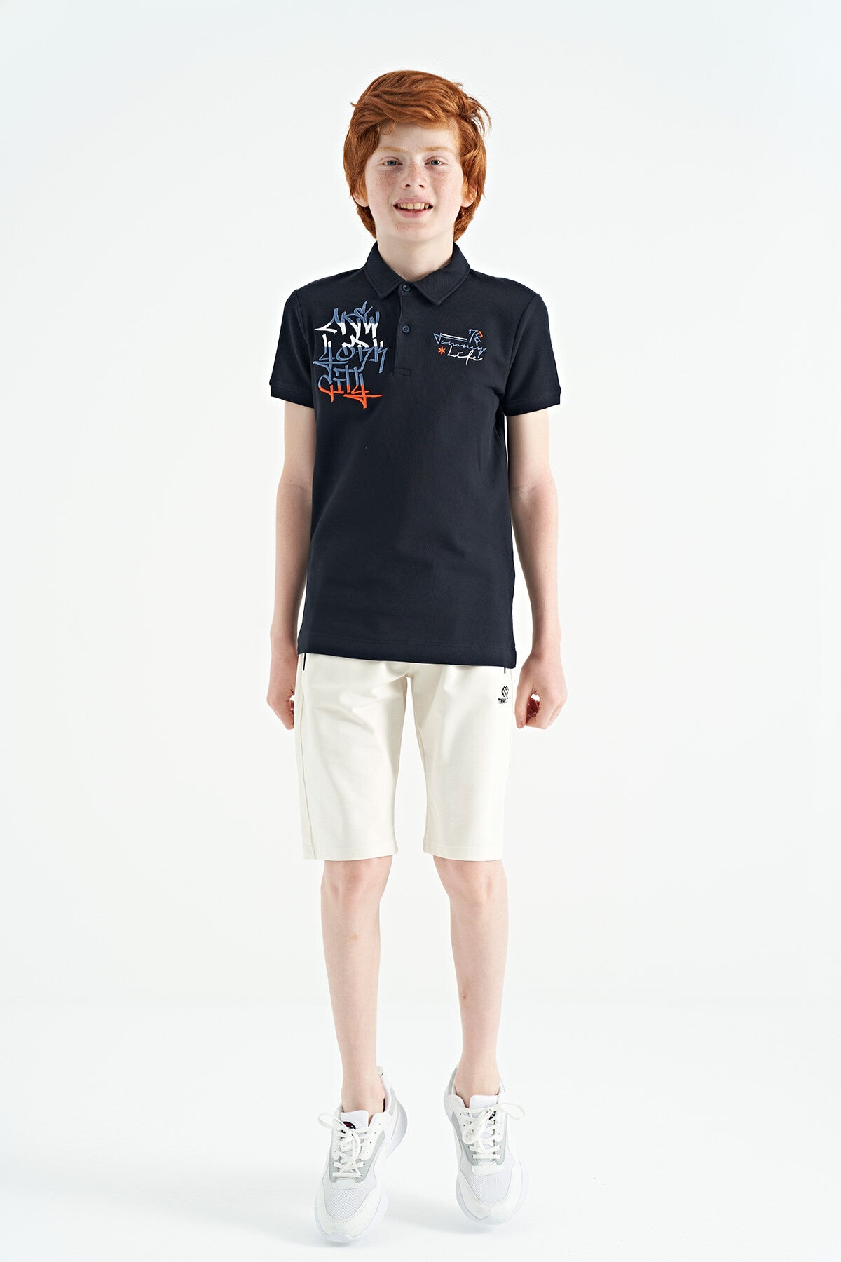 Navy Blue Embroidered Detailed Standard Cut Polo Collar Boys' T-Shirt - 11085