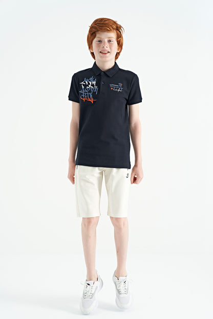 Navy Blue Embroidered Detailed Standard Cut Polo Collar Boys' T-Shirt - 11085