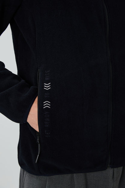 Navy Blue Embroidered Straight Collar Zippered Standard Fit Men's Sweatshirt Fleece - 87992