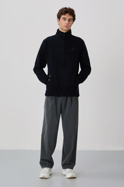 Navy Blue Embroidered Straight Collar Zippered Standard Fit Men's Sweatshirt Fleece - 87992