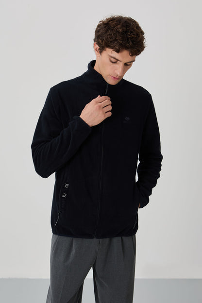 Navy Blue Embroidered Straight Collar Zippered Standard Fit Men's Sweatshirt Fleece - 87992