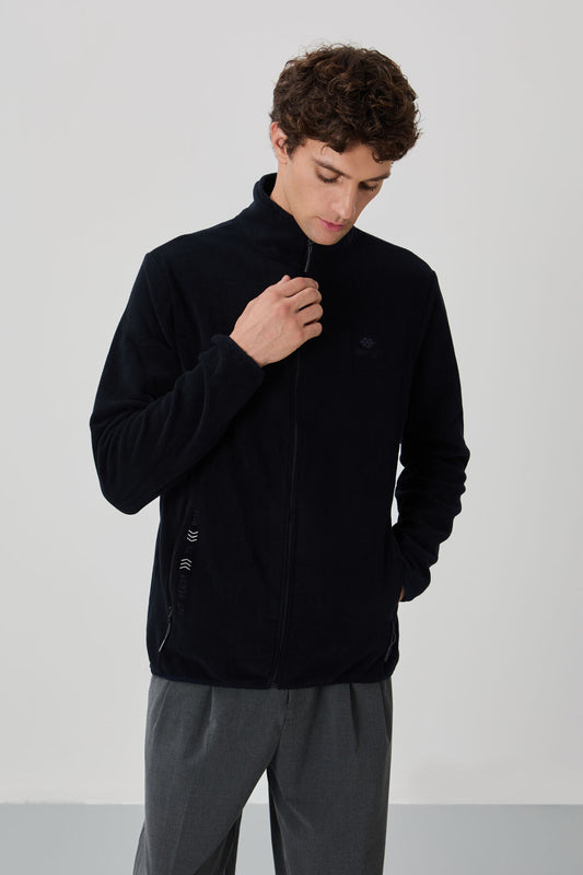 Navy Blue Embroidered Straight Collar Zippered Standard Fit Men's Sweatshirt Fleece - 87992