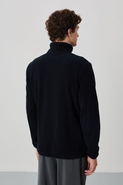 Navy Blue Embroidered Straight Collar Zippered Standard Fit Men's Sweatshirt Fleece - 87992