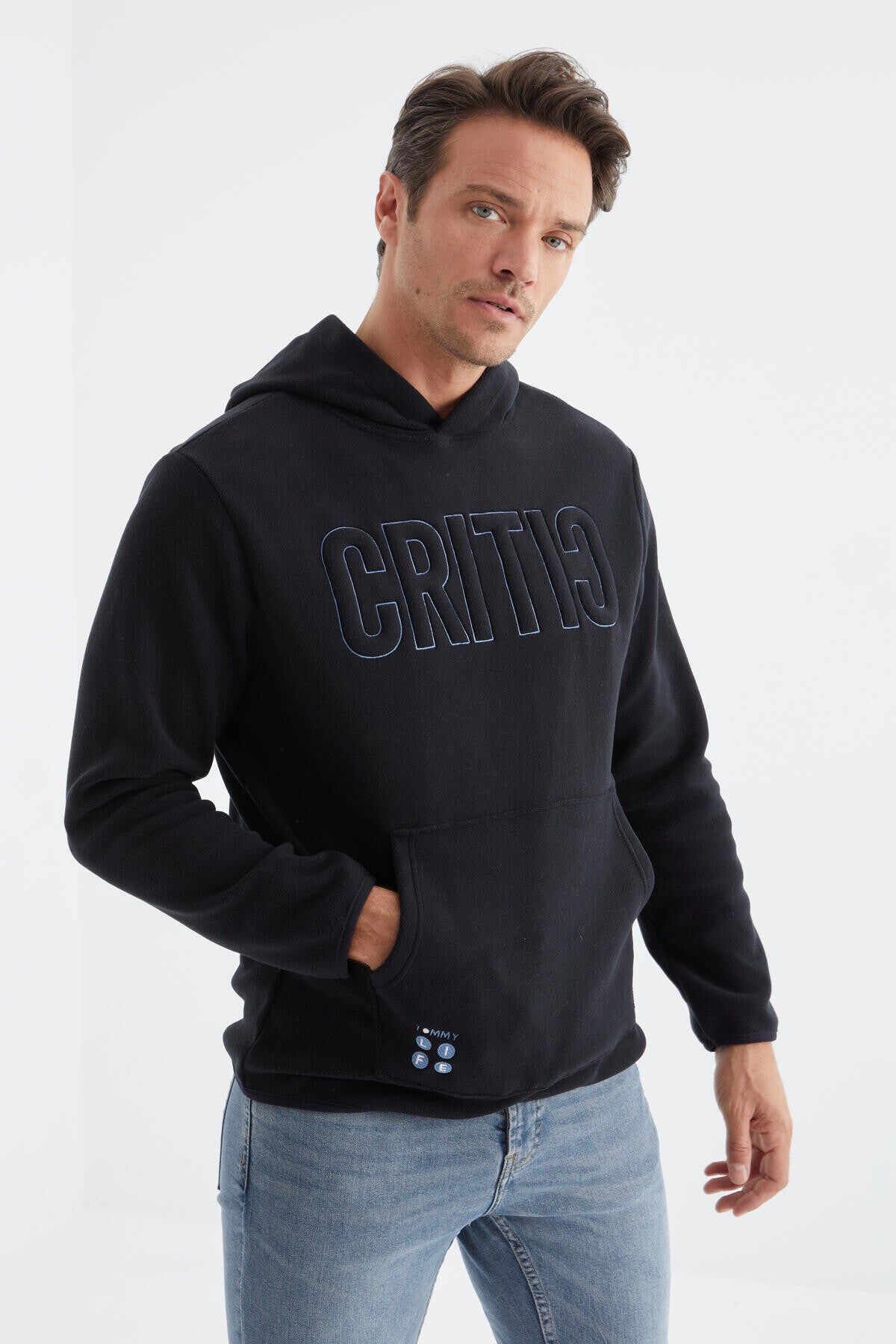 Navy Blue Embroidered Kangaroo Pocket Hooded Regular Fit Men's Fleece Sweatshirt - 88156