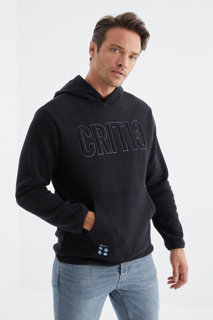 Navy Blue Embroidered Kangaroo Pocket Hooded Regular Fit Men's Fleece Sweatshirt - 88156