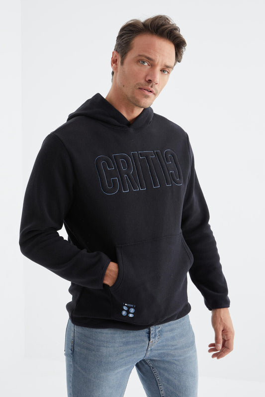 Navy Blue Embroidered Kangaroo Pocket Hooded Regular Fit Men's Fleece Sweatshirt - 88156
