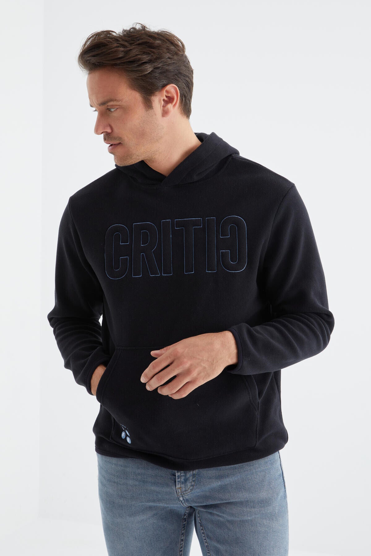 Navy Blue Embroidered Kangaroo Pocket Hooded Regular Fit Men's Fleece Sweatshirt - 88156