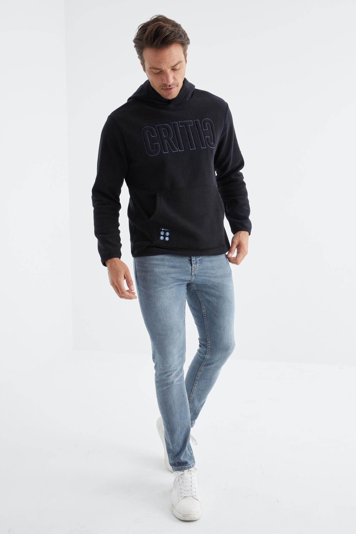 Navy Blue Embroidered Kangaroo Pocket Hooded Regular Fit Men's Fleece Sweatshirt - 88156